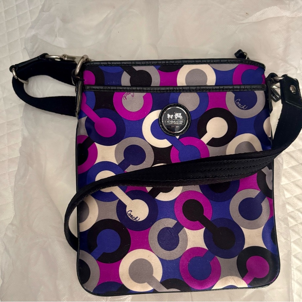 Coach Alex Op Art Swingpack Crossbody - Purple, Blue, Black, Cream style #43381.